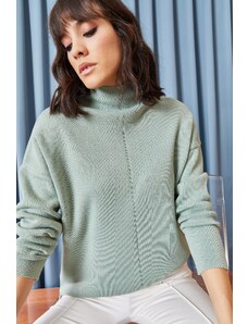 Olalook ženska meta zelena stoječa ovratnica debel pulover za pletenine