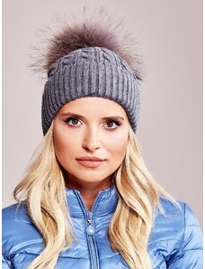 Fashionhunters Knitted cap with fur pompom, dark gray