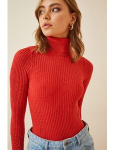 Happiness İstanbul Women's Red Turtleneck Ribbed Lycra Sweater