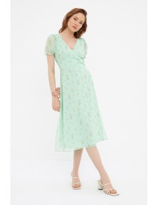 Trendyol Green Decollete cvetlični vzorec tkana obleka