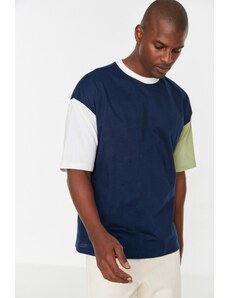 Trendyol moški preveliki / široko rezani barvni blok kratki rokavi posadka vrat 100% bombažna majica.