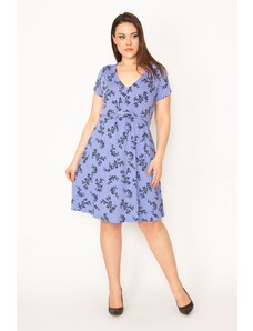 Şans Women's Large Size Lilac Waist Detailed V-Neck Short Sleeve Dress