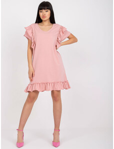 Fashionhunters Light pink cotton dress with frill and V-neck