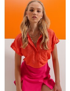 Trend Alaçatı Stili Women's Orange Double Cuffed Short Sleeve Textured Shirt
