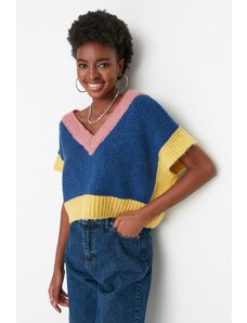 Trendyol Navy Blue Crop. Mehak teksturiran pulover za pletenine iz barvnih blokov