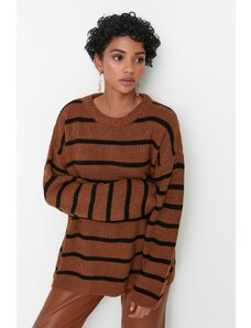 Trendyol camel široko prilegajoč se črtasti pleteninasti pulover