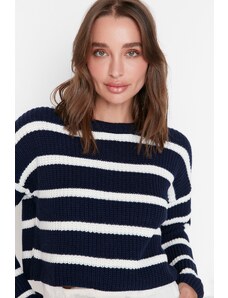 Trendyol Navy Blue Crop Osnovni črtasti pulover za pletenine