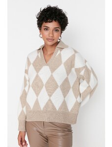 Trendyol bež široko prilegajoč, mehak teksturiran, vzorčast pulover za pletenine