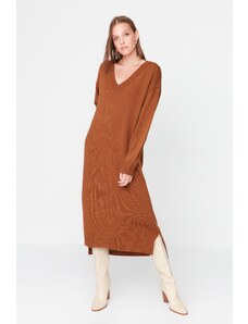 Trendyol Brown Maxi pulover V-Neck obleka