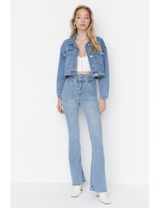 Trendyol Blue Super High Waist Flare Jeans s podrobnostmi pasu