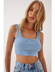 Happiness İstanbul Women's Sky Blue Halter Corduroy Crop Knitted Blouse