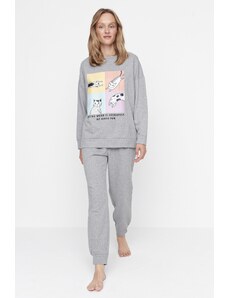 Trendyol Gray Cotton Printed Knitted Pajama Set