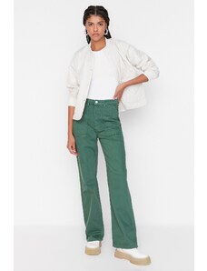 Trendyol zeleni žep: podroben visok pas, široke noge, hlače