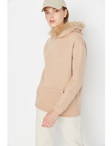 Trendyol Beige Loose Hooded Fleece Fleece Sports Sweatshirt