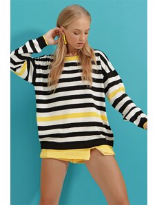 Trend alaçatı stili ženska rumena posadka črtasta prevelika pleteninska bluza