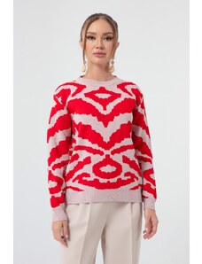 Lafaba ženska rdeča zebra žakardni pulover za pletenine