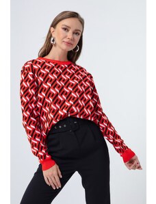 Lafaba Women's Red Crewneck Patterned Knitwear Sweater