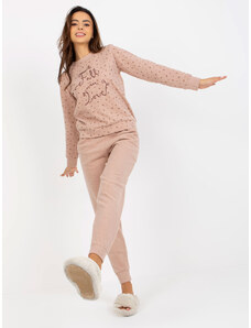 Fashionhunters Beige warm pajamas with pants and sweatshirt