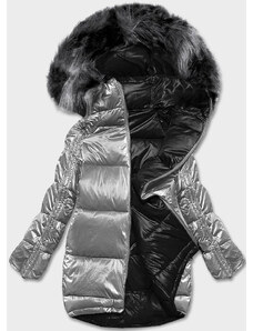Iznaslonjaca.si Obojestranska bunda z dvobarvnim krznom na kapuci H-1088-61, siva/črna