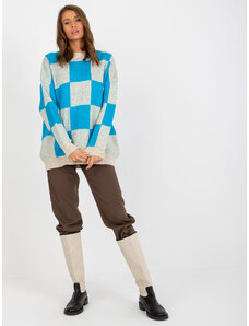 Fashionhunters Oversized blue-beige checkered sweater for women