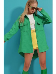 Trend Alaçatı Stili ženski zeleni dvojni žep Prešita vzorčasta navadna jakna