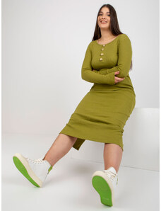 Fashionhunters Light green plus size ribbed dress with slit at back