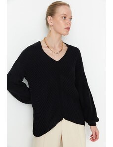 Trendyol Black Podroben pulover za pletenine z V-vratom