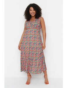 Trendyolova krivulja večbarvna pletena obleka s cvetličnim vzorcem A-line