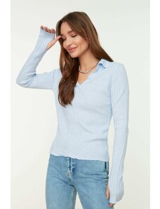 Trendyol svetlo modra podroben pulover za pletenine za polo vrat