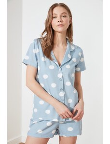 Trendyol Blue 100% Cotton Polka Dot Shirt-Shorts Knitted Pajama Set