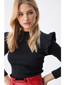 Trend Alaçatı Stili Ženska črna ramena polovični pulover za turtleneck