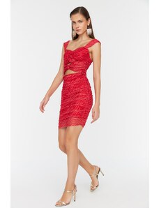 Trendyol rdeča - večbarvna ruffle podrobna obleka