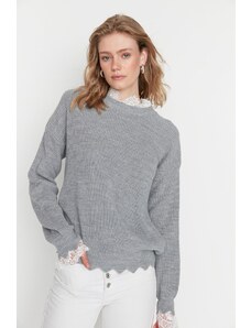 Trendyol sivi pletilni pulover iz čipk-tila