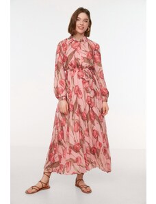 Trendyol roza cvetlični vzorec srajce ovratnik pas podložena chiffon tkana obleka