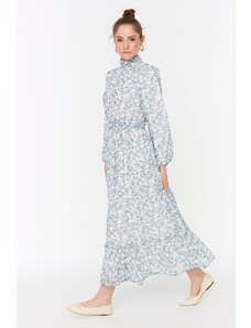 Trendyol modra cvetlična stoječa ovratnica Chiffon pletena obleka s samovrstnimi detajli pasu