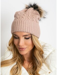 Fashionhunters Cap with braids and fur pompom, dirty pink