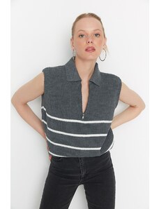 Trendyol antracitna zadrga črtasto trikotni pulover