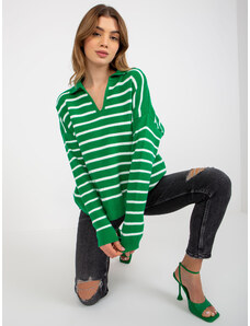 Fashionhunters Zeleno-beli prevelik črtasti pulover z ovratnikom