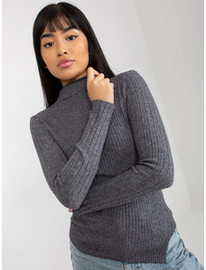 Fashionhunters Dark grey ribbed asymmetrical sweater with stand-up collar