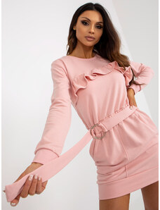 Fashionhunters Light pink sweatshirt minidress with ruffles and belt