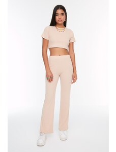 Trendyol Beige Crop Crew Neck Ribbed Flexible Knitted Top and Bottom Set