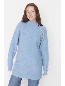 Trendyol svetlo modra stoječa pletenina pulover z gumbi