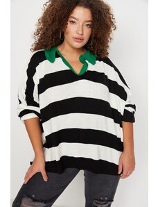 Trendyol krivulja zeleni pulover za pletenine s črtastim vratom