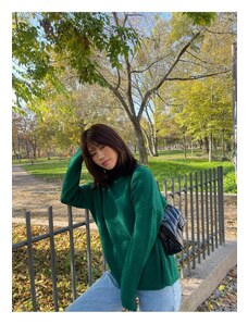 Trendyol Emerald Green Wide Fit mehak teksturiran pulover za pletenine z visokim vratom