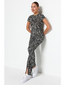 Trendyol Black Zebra Print Slit Slit Detailed High Waist Straigth pletene hlače