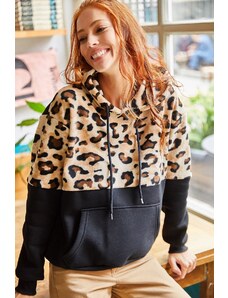 Olalook Women's Black Leopard Fleece Leopard Detail Fleece Inside Thick Sweatshirt