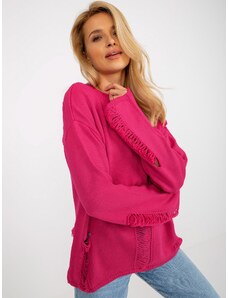 Fashionhunters Fuchsia women's oversize sweater with holes with wool