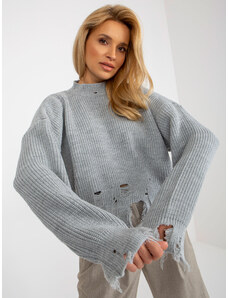 Fashionhunters Grey loose asymmetrical sweater with holes from RUE PARIS