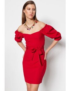 Trendyol Red Belted Mini tkana Carmen ovratnica Tkana obleka