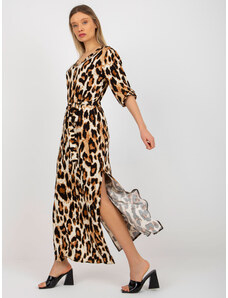 Fashionhunters Beige and black midi dress with leopard pattern and tie